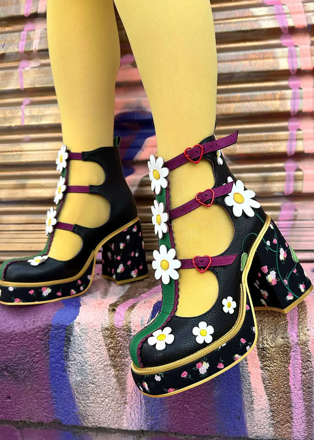 Irregular Choice Sunny Hunny Hazy Daisy Floral 60's Boots Black