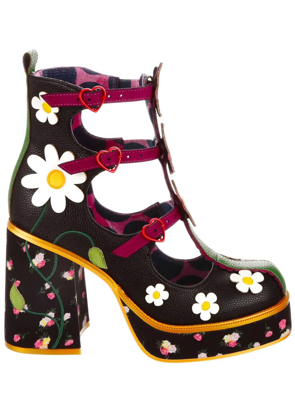 Irregular Choice Sunny Hunny Hazy Daisy Floral 60's Boots Black