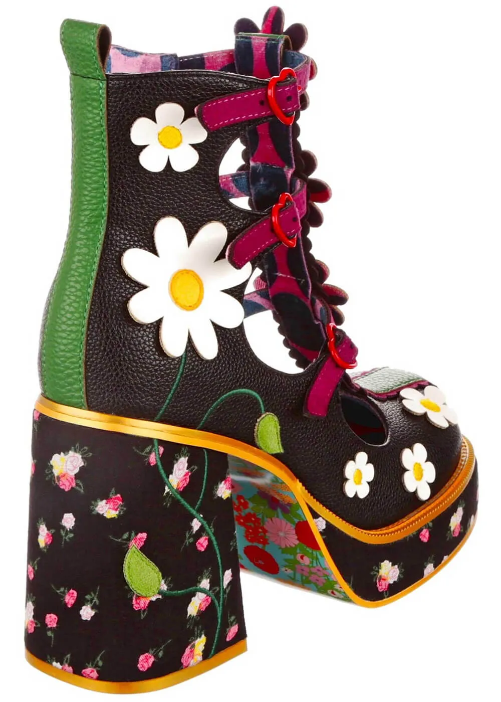 Irregular Choice Sunny Hunny Hazy Daisy Floral 60's Boots Black