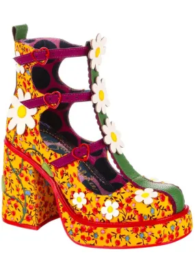 Irregular Choice Sunny Hunny Hazy Daisy Floral 60's Boots Yellow