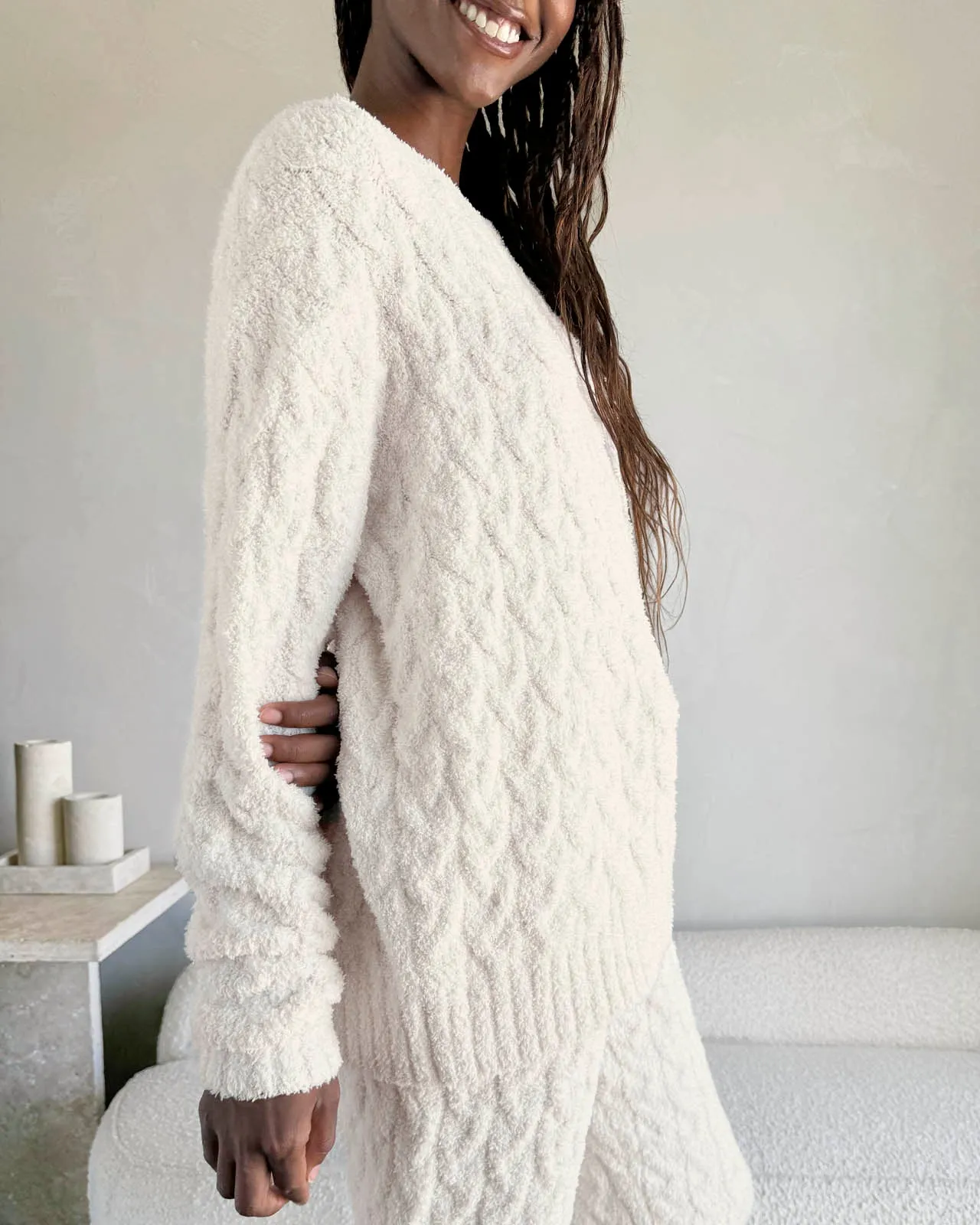 Ivory Fuzzy Cable Knit Sweater PJ Set