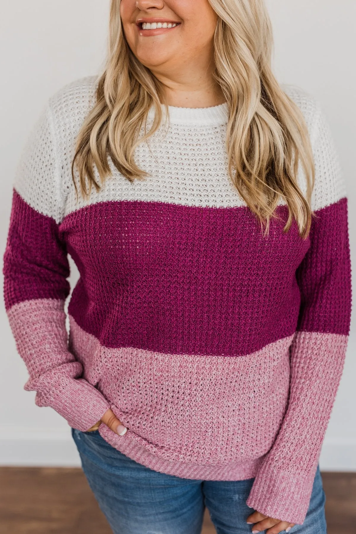 Joyful Days Color Block Knit Sweater- Ivory, Magenta & Orchid