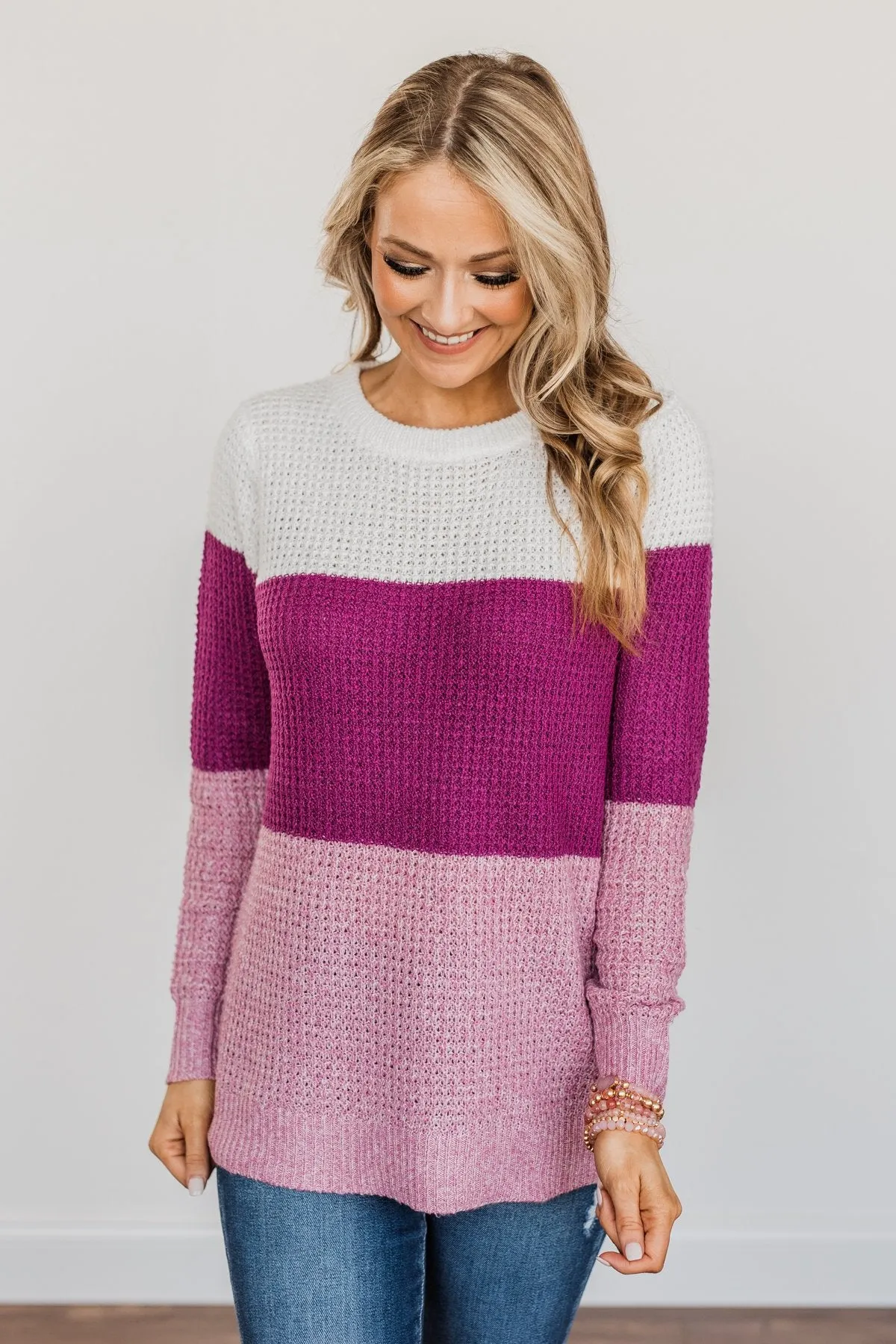 Joyful Days Color Block Knit Sweater- Ivory, Magenta & Orchid