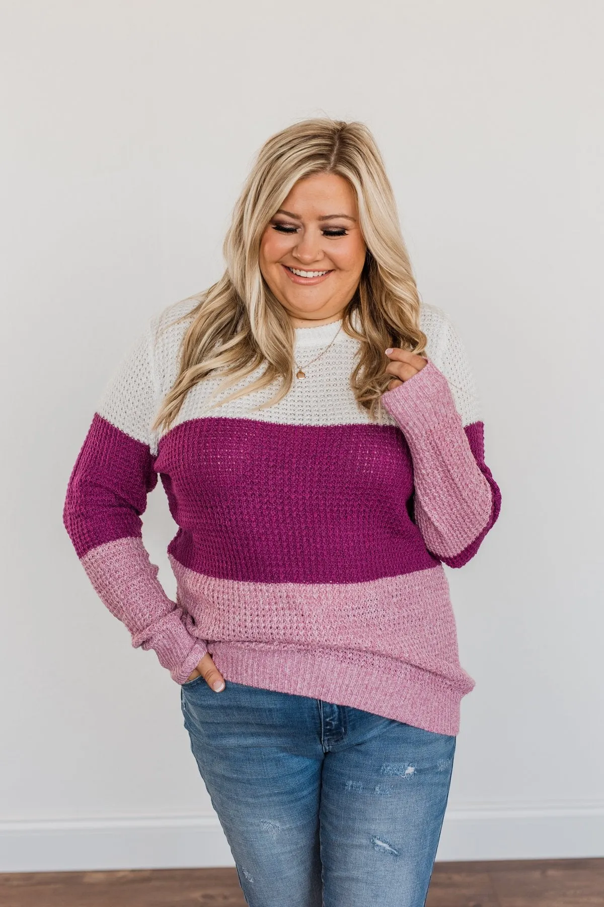 Joyful Days Color Block Knit Sweater- Ivory, Magenta & Orchid