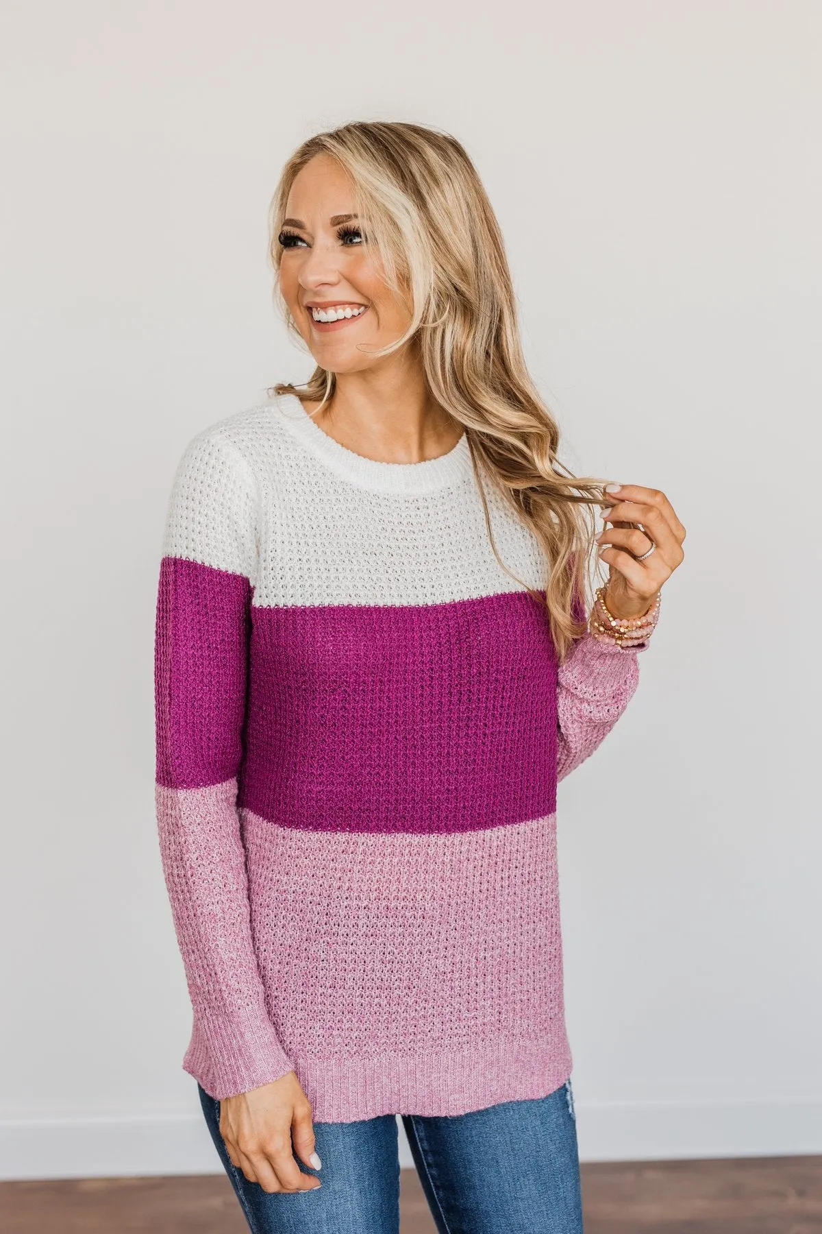 Joyful Days Color Block Knit Sweater- Ivory, Magenta & Orchid