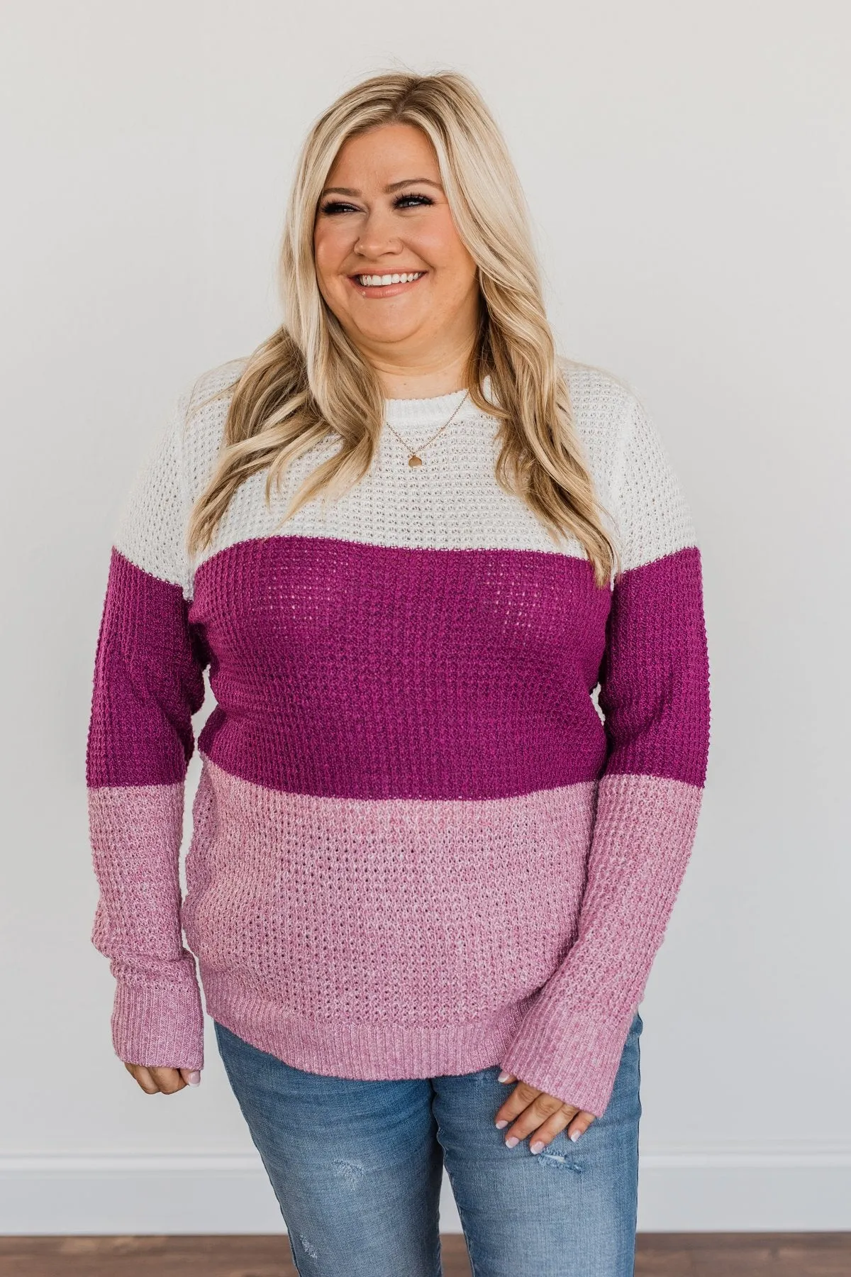 Joyful Days Color Block Knit Sweater- Ivory, Magenta & Orchid