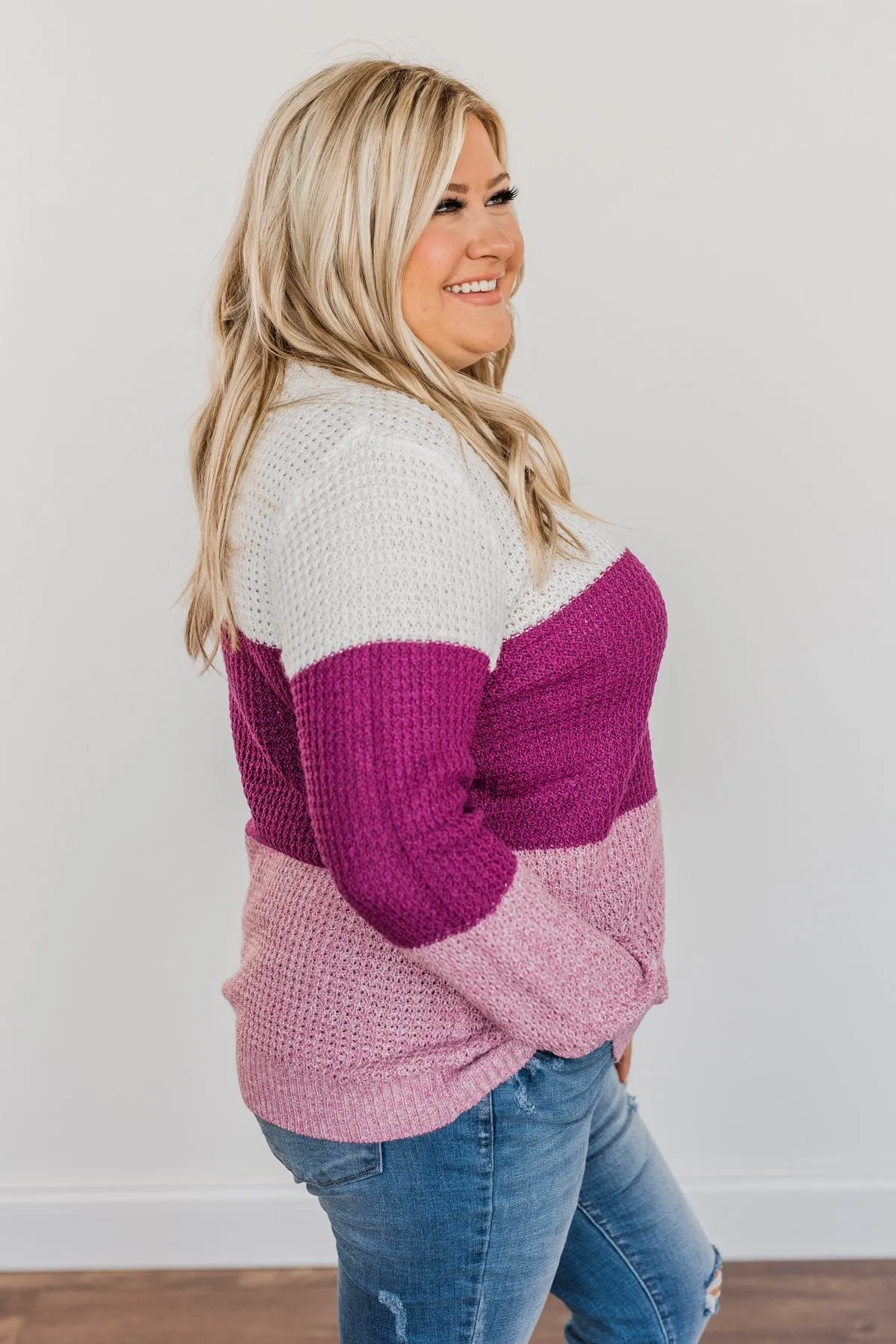 Joyful Days Color Block Knit Sweater- Ivory, Magenta & Orchid