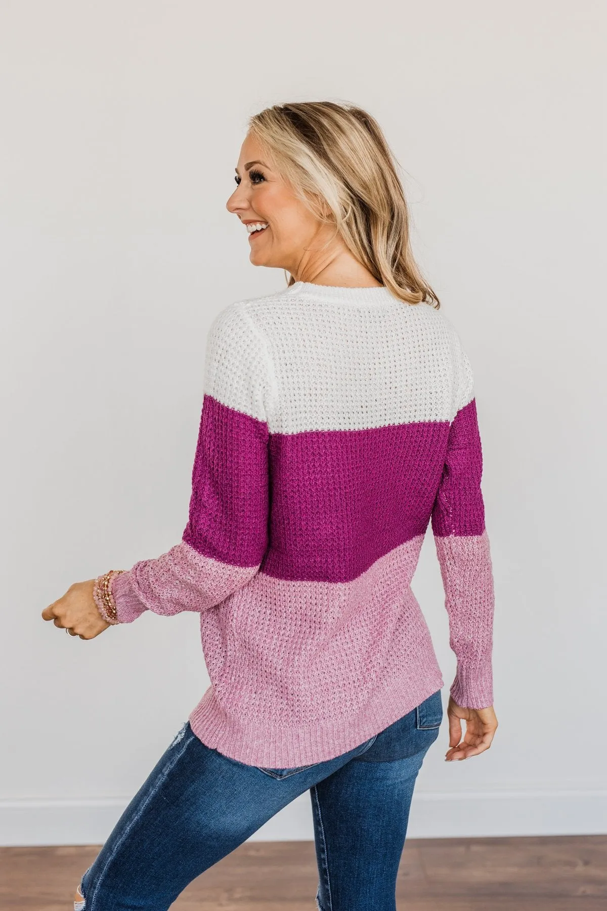 Joyful Days Color Block Knit Sweater- Ivory, Magenta & Orchid