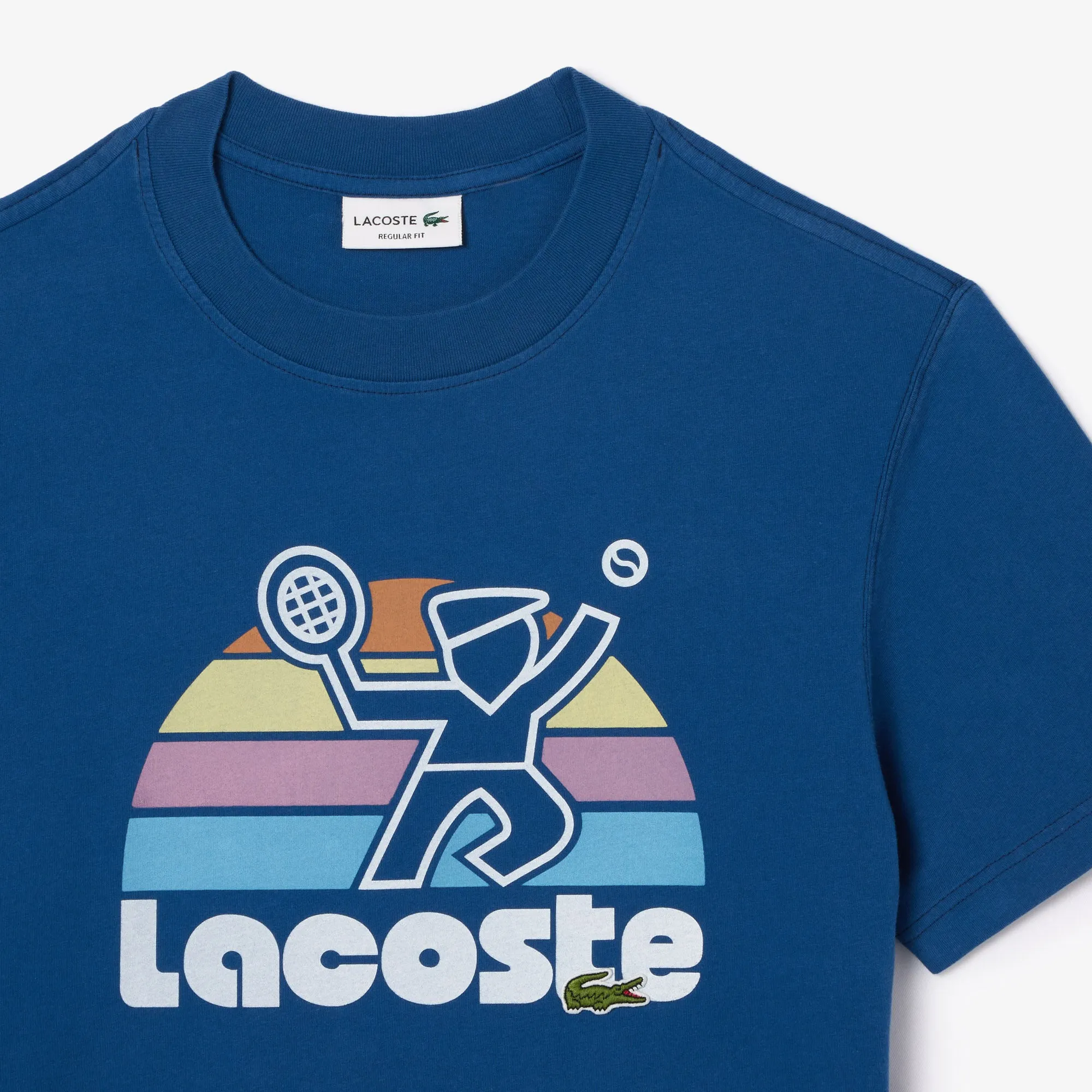 LACOSTE Men's Washed Effect Tennis Print T-shirt- Blue