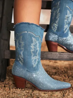 Ladies' Fashionable Rhinestone Decorated Denim Western Boots