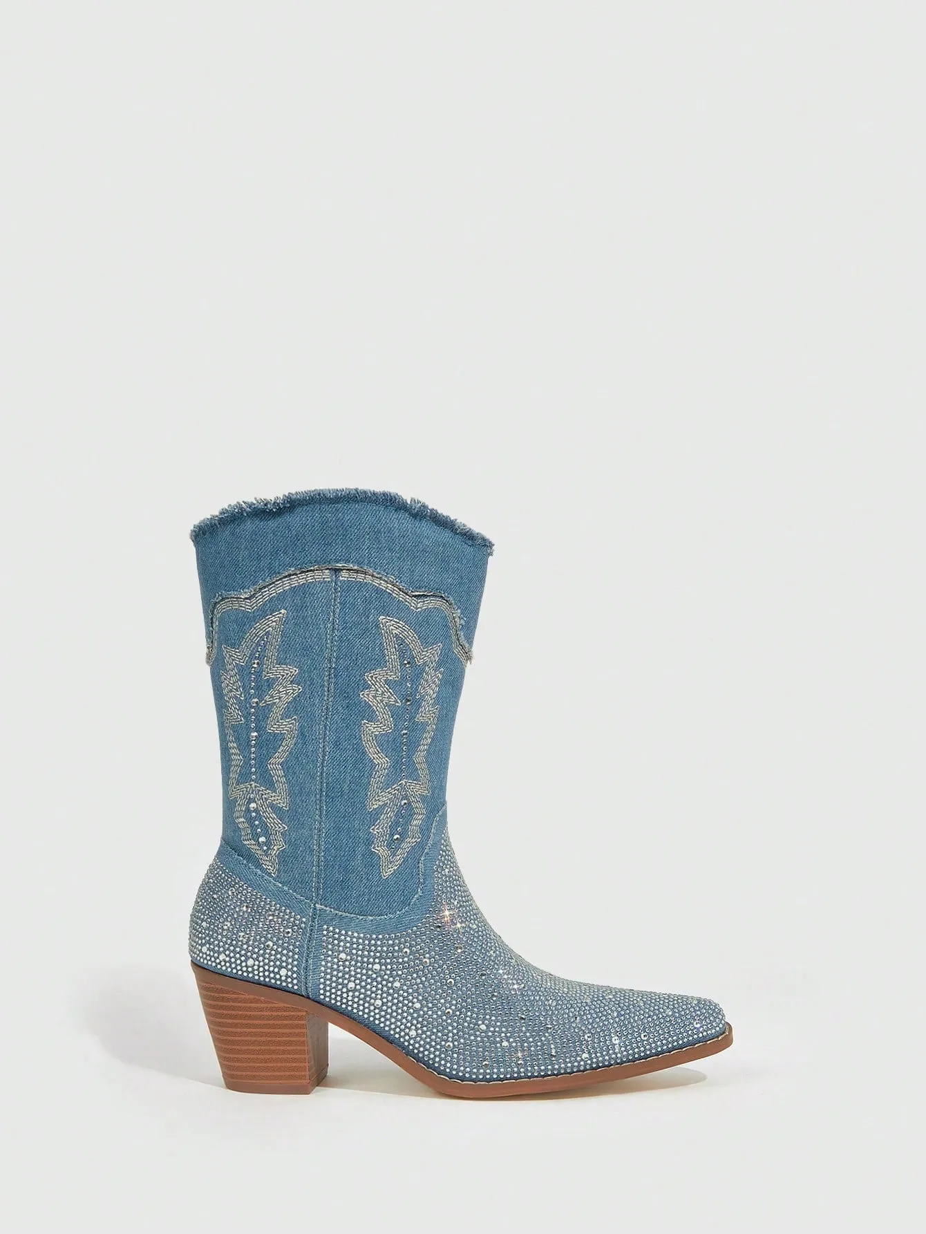 Ladies' Fashionable Rhinestone Decorated Denim Western Boots