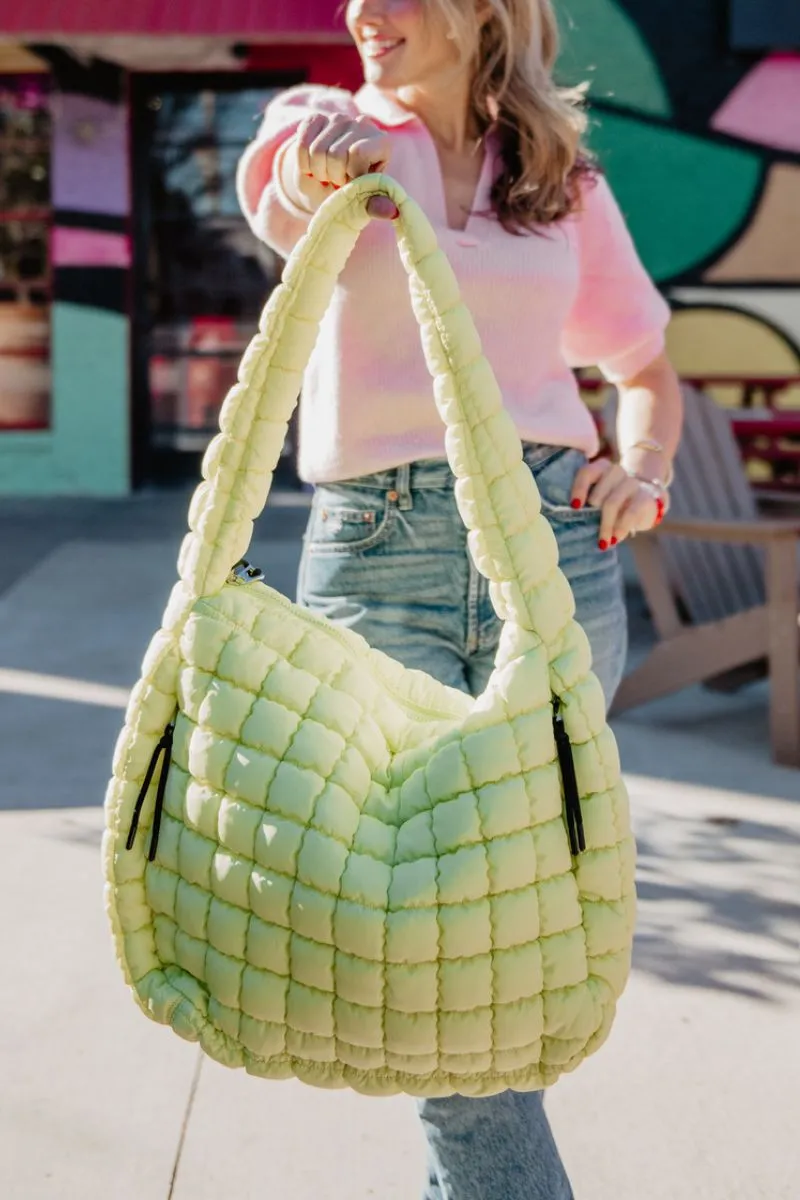 Lime Yellow Oversized Quilted Hobo Tote Bag