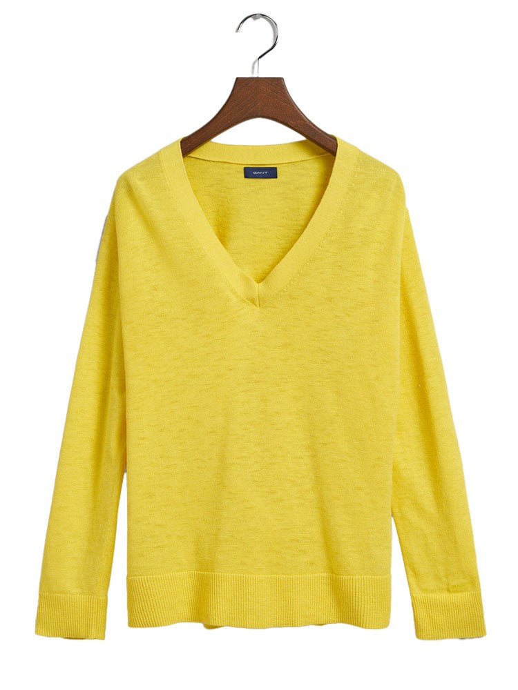 Linen Blend V-Neck Sweater                             Canary Yellow