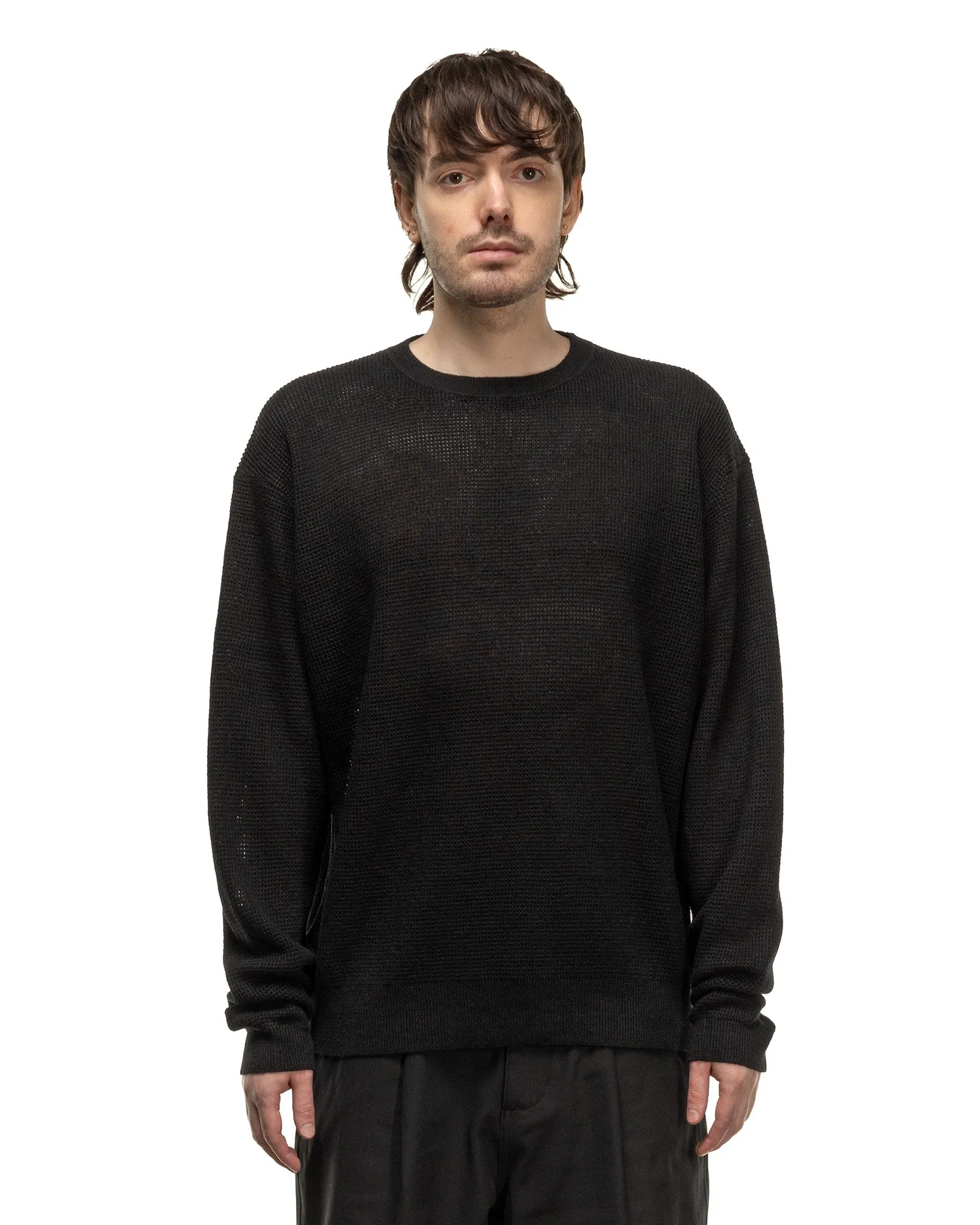 Linen Mesh Oversized Crew Neck Knit Black