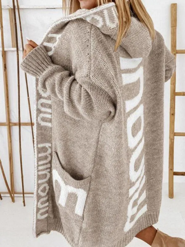 Long Hooded Letter Print Women Cardigan