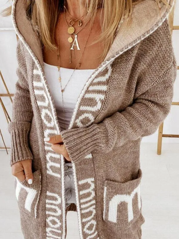 Long Hooded Letter Print Women Cardigan