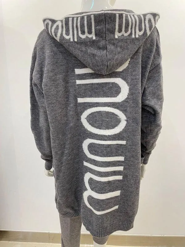 Long Hooded Letter Print Women Cardigan