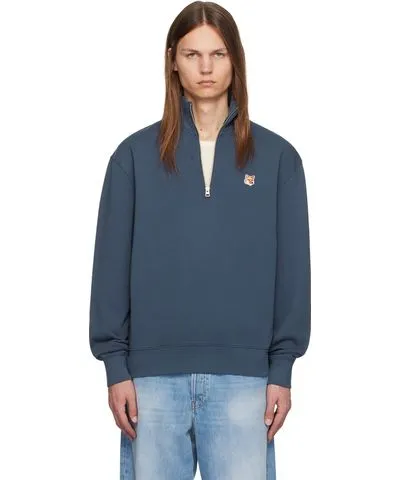 Maison Kitsune Blue Fox Head Half-Zip Sweatshirt