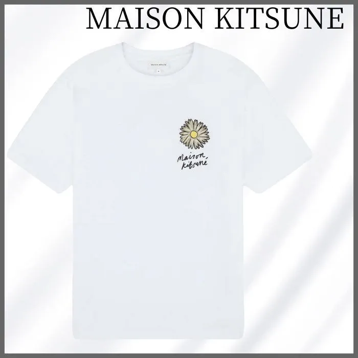 MAISON KITSUNE  |Crew Neck Flower Patterns Unisex Street Style Plain Cotton