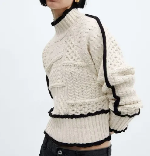 MANGO  |Cable-knit sweater with contrasting trim