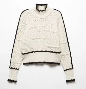 MANGO  |Cable-knit sweater with contrasting trim