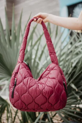 Maroon Wave Quilted Puffer Tote Bag for Women