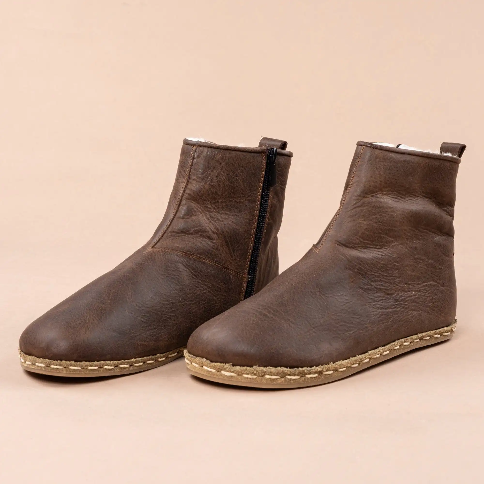 Men's Coffee Barefoot Boots with Fur