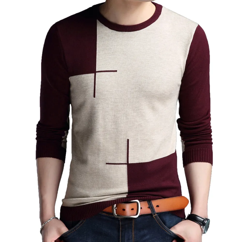 Men's England Style O Neck Flat Knitted Full Sleeves Pullover Sweater