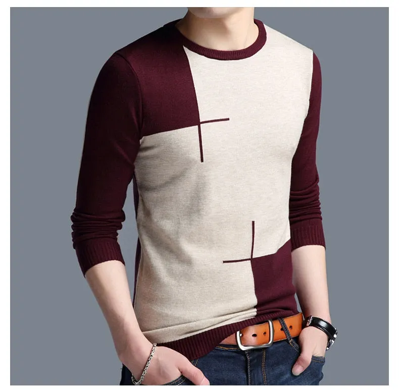 Men's England Style O Neck Flat Knitted Full Sleeves Pullover Sweater