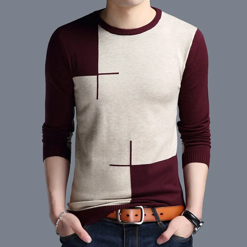 Men's England Style O Neck Flat Knitted Full Sleeves Pullover Sweater