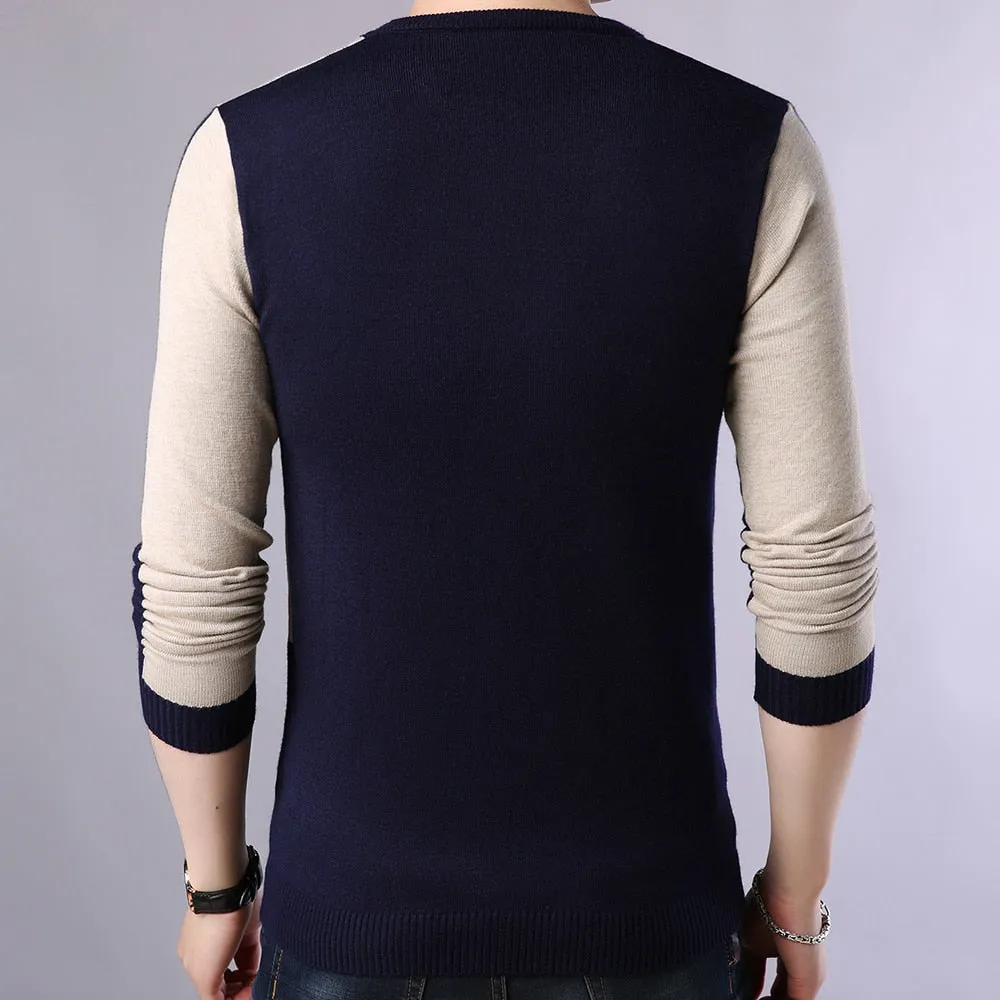 Men's England Style O Neck Flat Knitted Full Sleeves Pullover Sweater