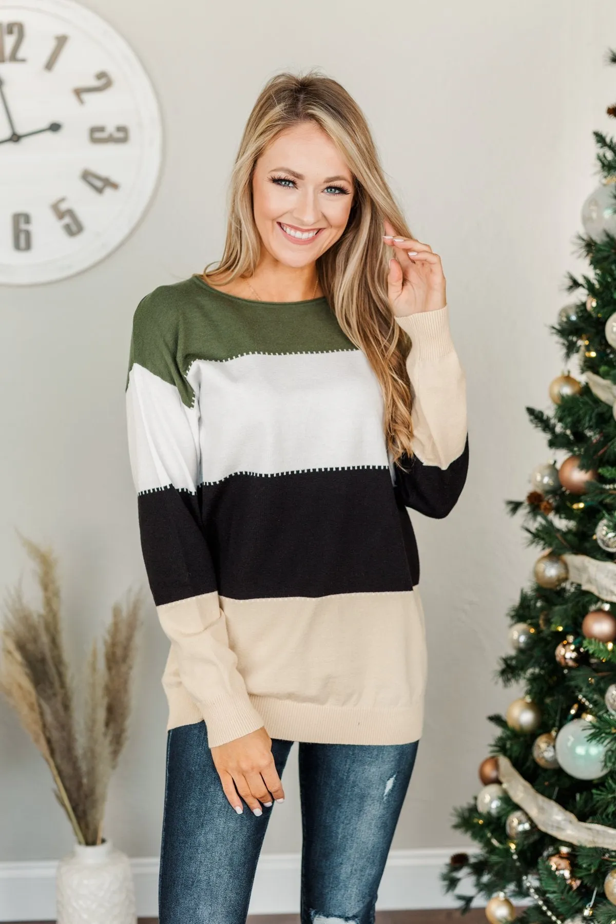 Moving Forward Color Block Knit Sweater- Olive, Black, & Beige