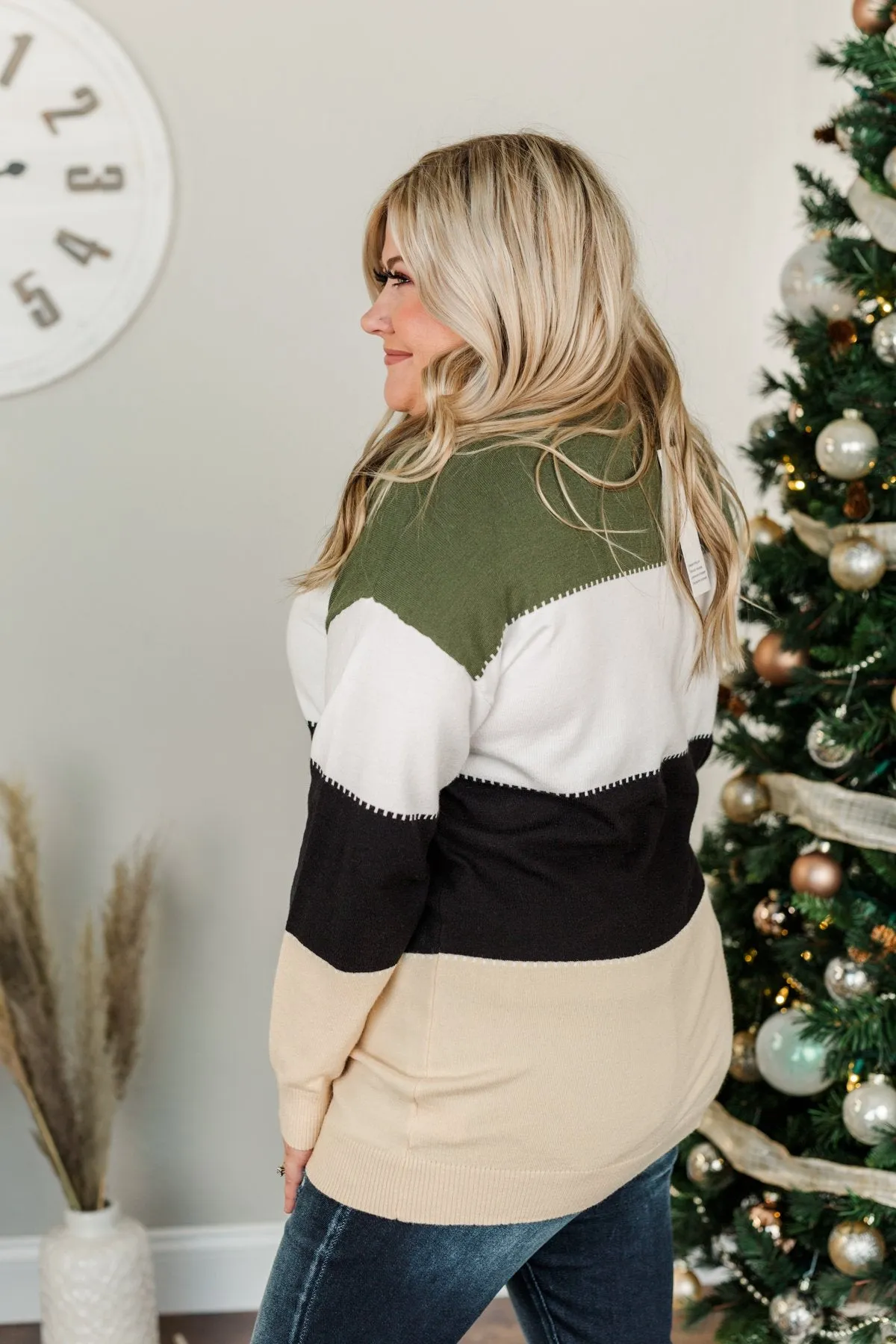 Moving Forward Color Block Knit Sweater- Olive, Black, & Beige