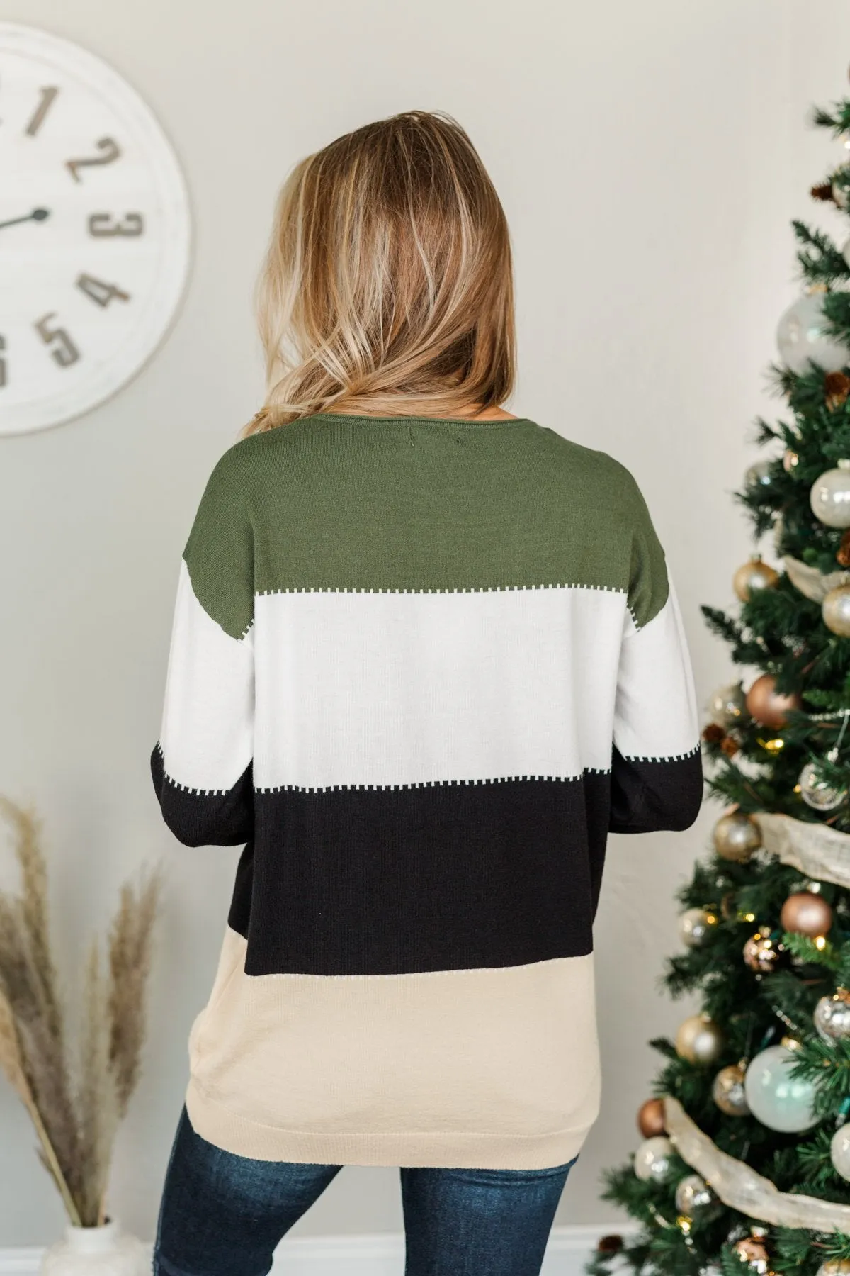 Moving Forward Color Block Knit Sweater- Olive, Black, & Beige