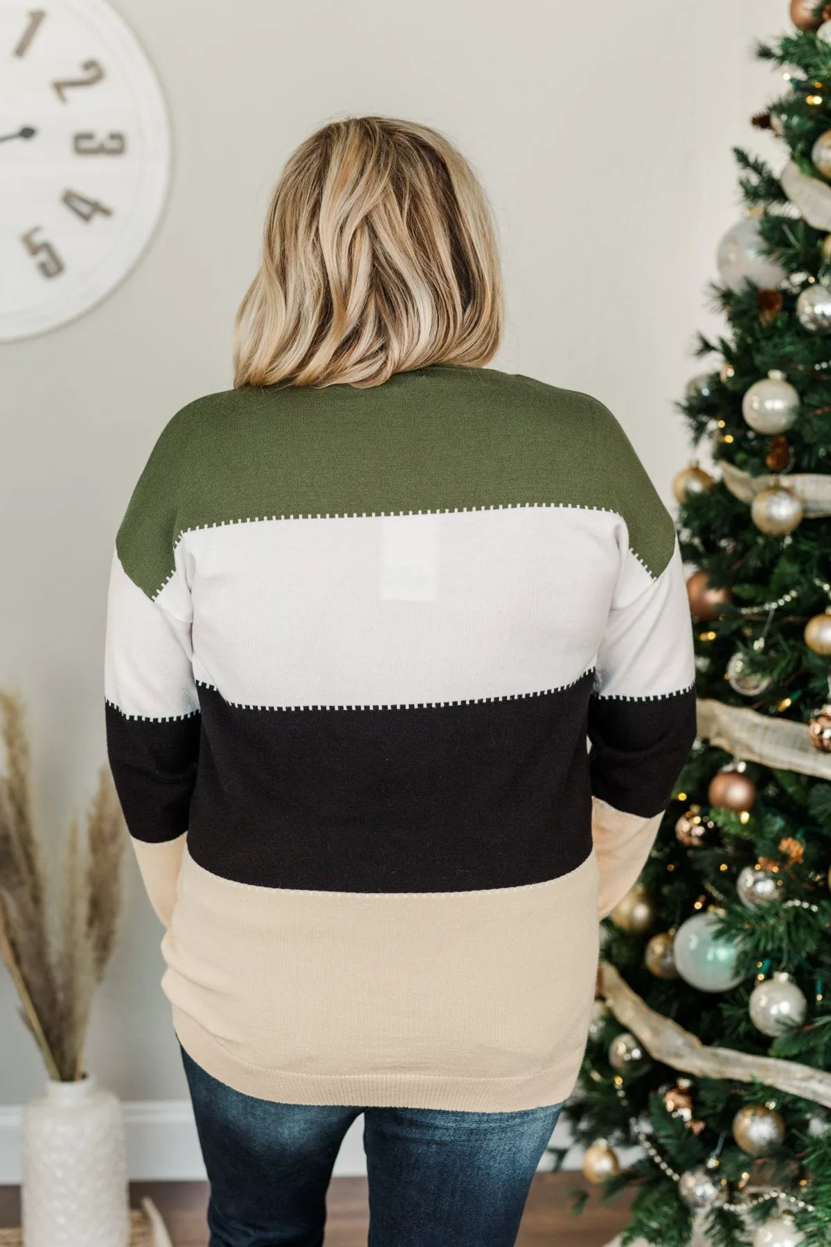 Moving Forward Color Block Knit Sweater- Olive, Black, & Beige