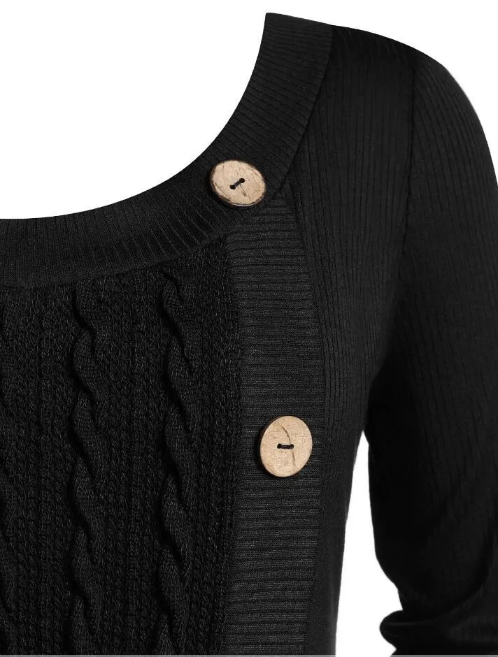 New Style Women Perfect Cute and Warm Plus Size Split Buttoned Cable Knit Sweater