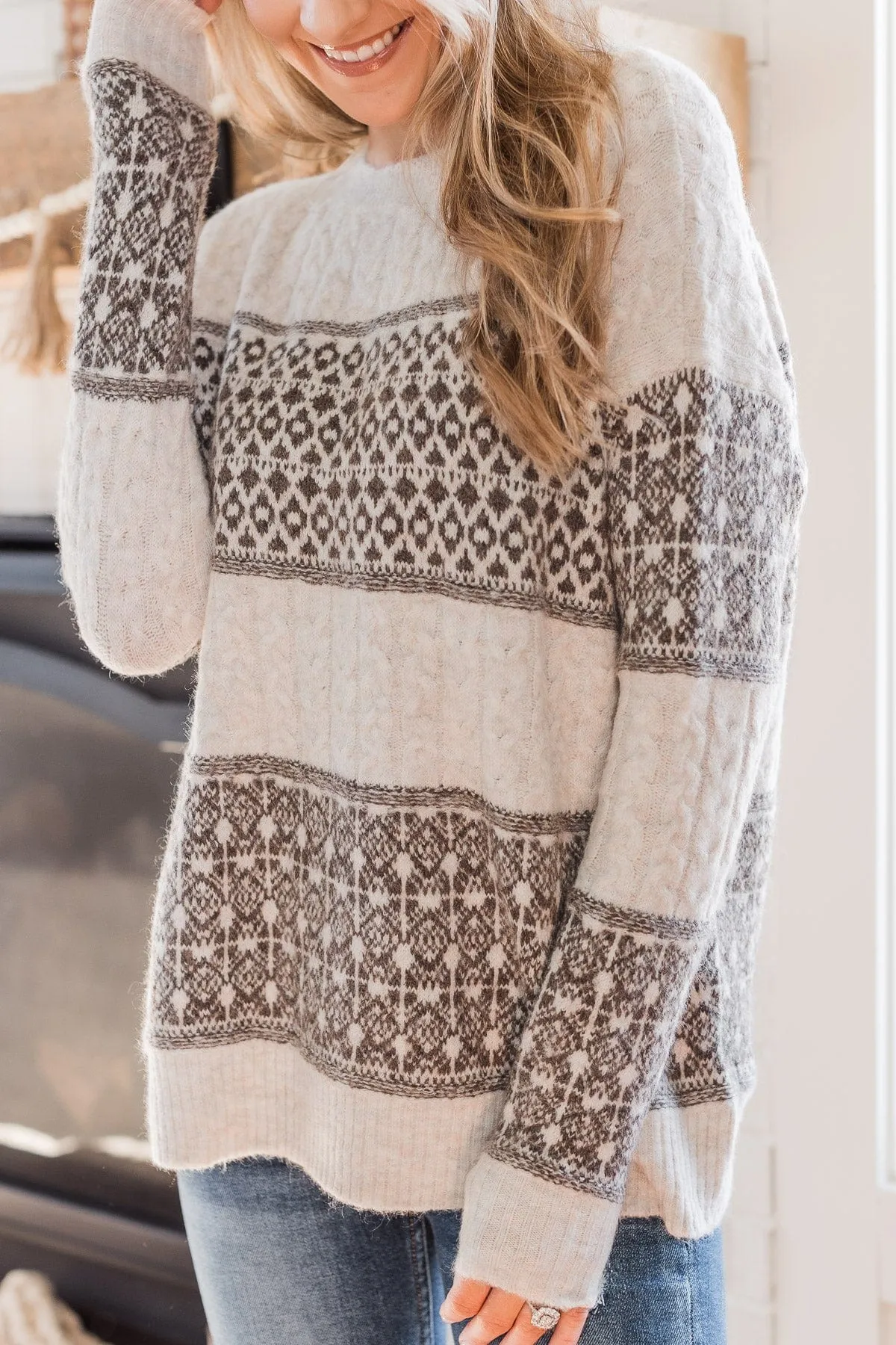 No Place Like Home Knit Sweater- Oatmeal & Brown