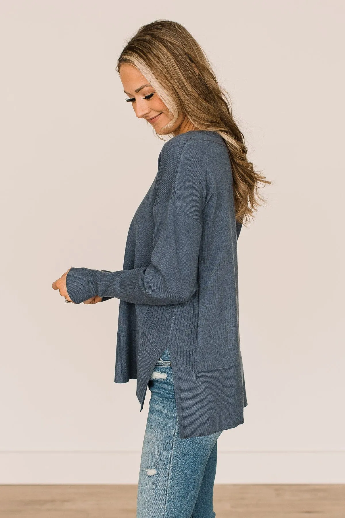 Open To Love Lightweight Knit Sweater- Denim Blue