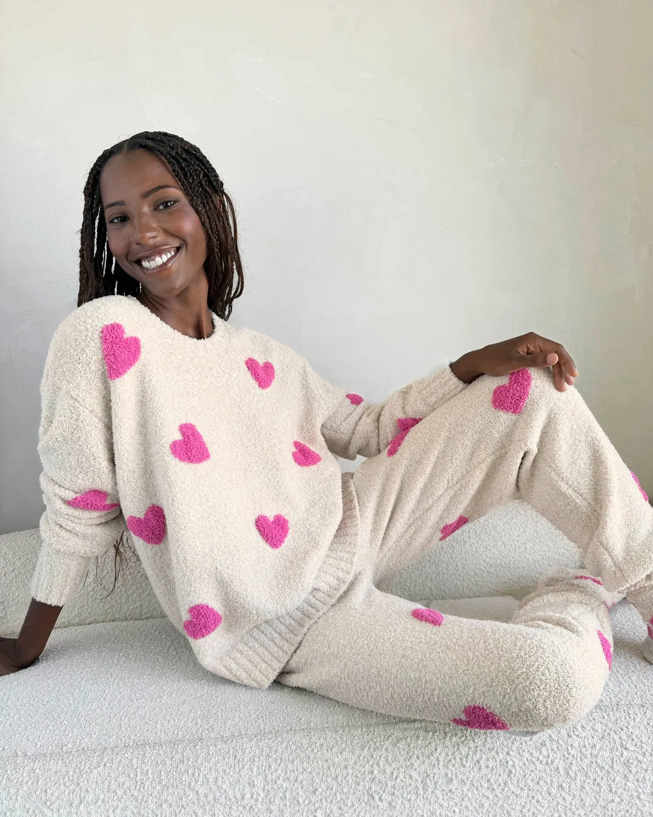 Pink Hearts Fuzzy Sweater PJ Set