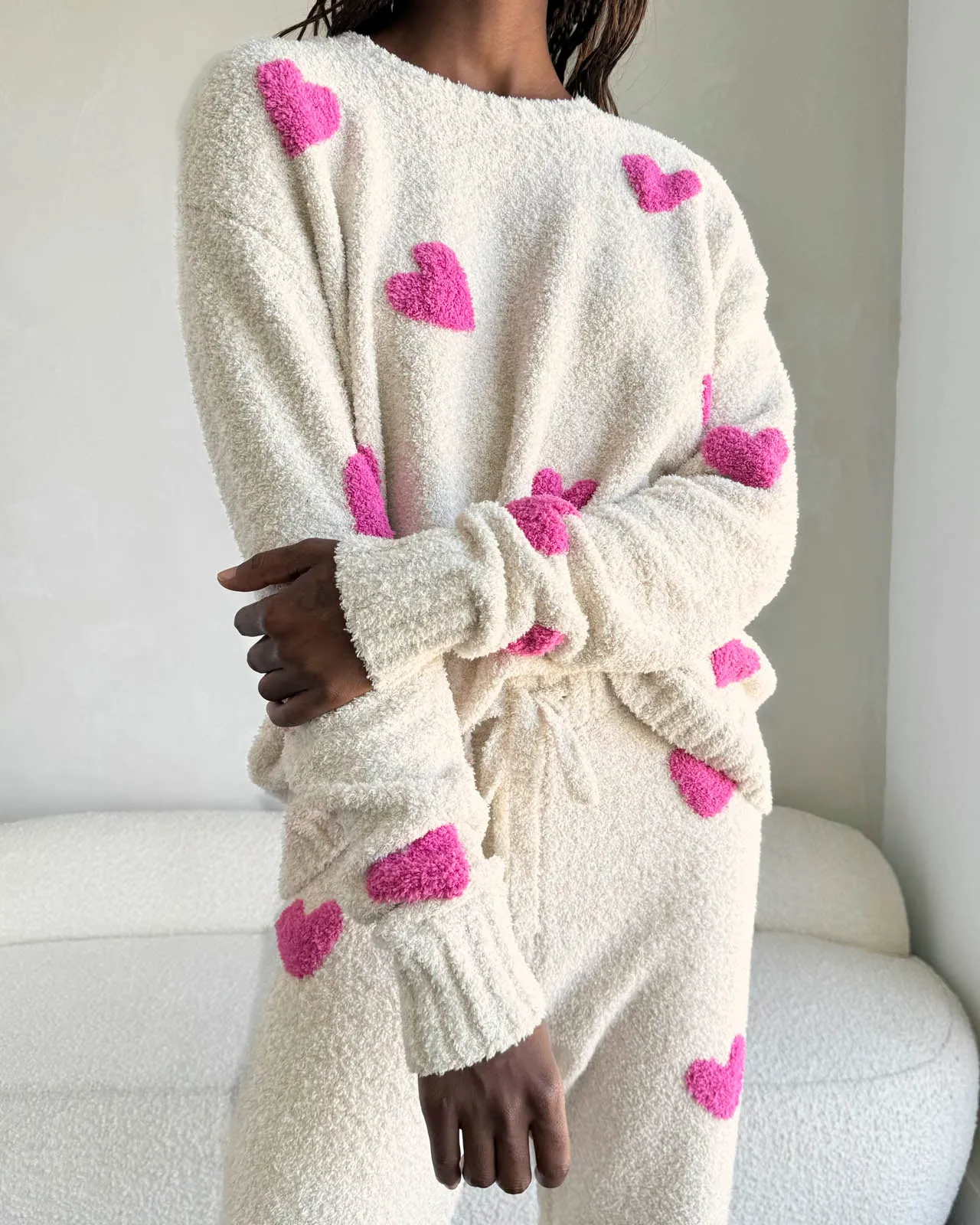 Pink Hearts Fuzzy Sweater PJ Set