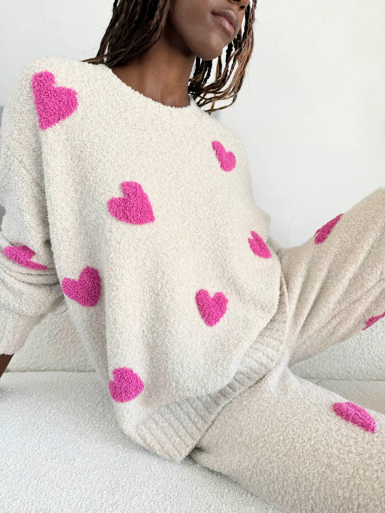 Pink Hearts Fuzzy Sweater PJ Set