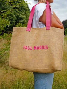 Pink Leather and Jute Tote Bag for Women - LeCabas Jute Sorbet Raspberry | PAUL MARIUS