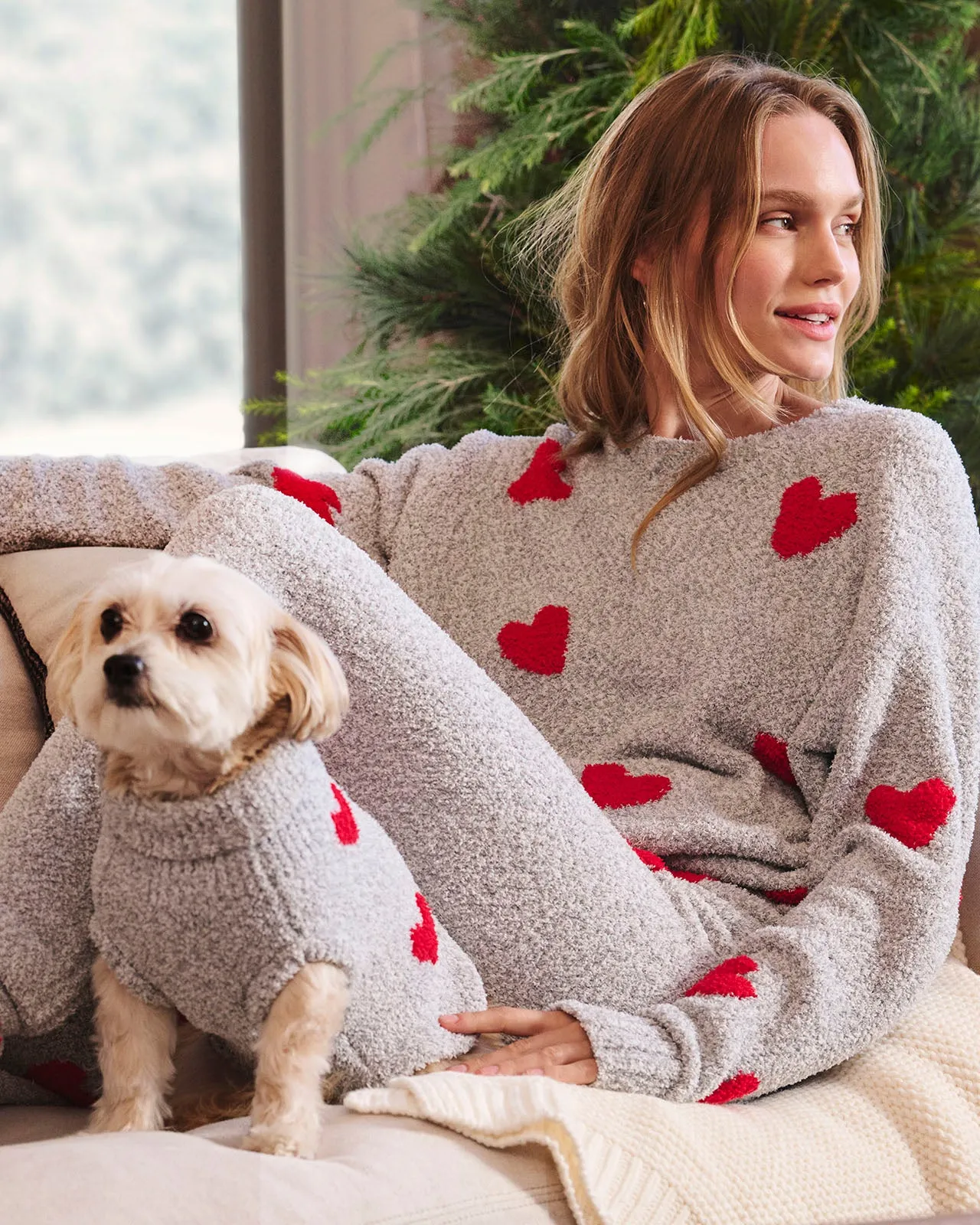 Red Hearts Fuzzy Sweater PJ Set