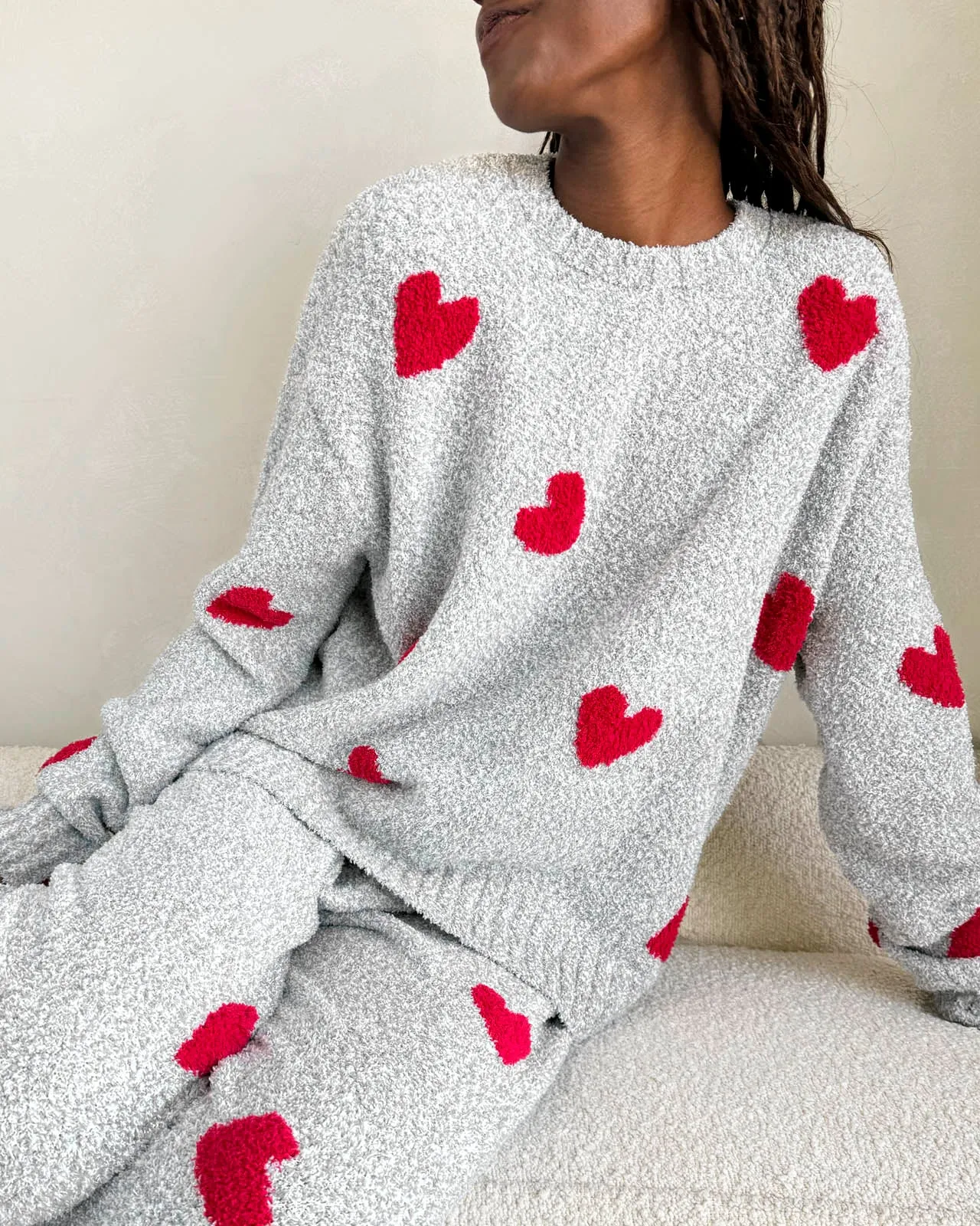 Red Hearts Fuzzy Sweater PJ Set