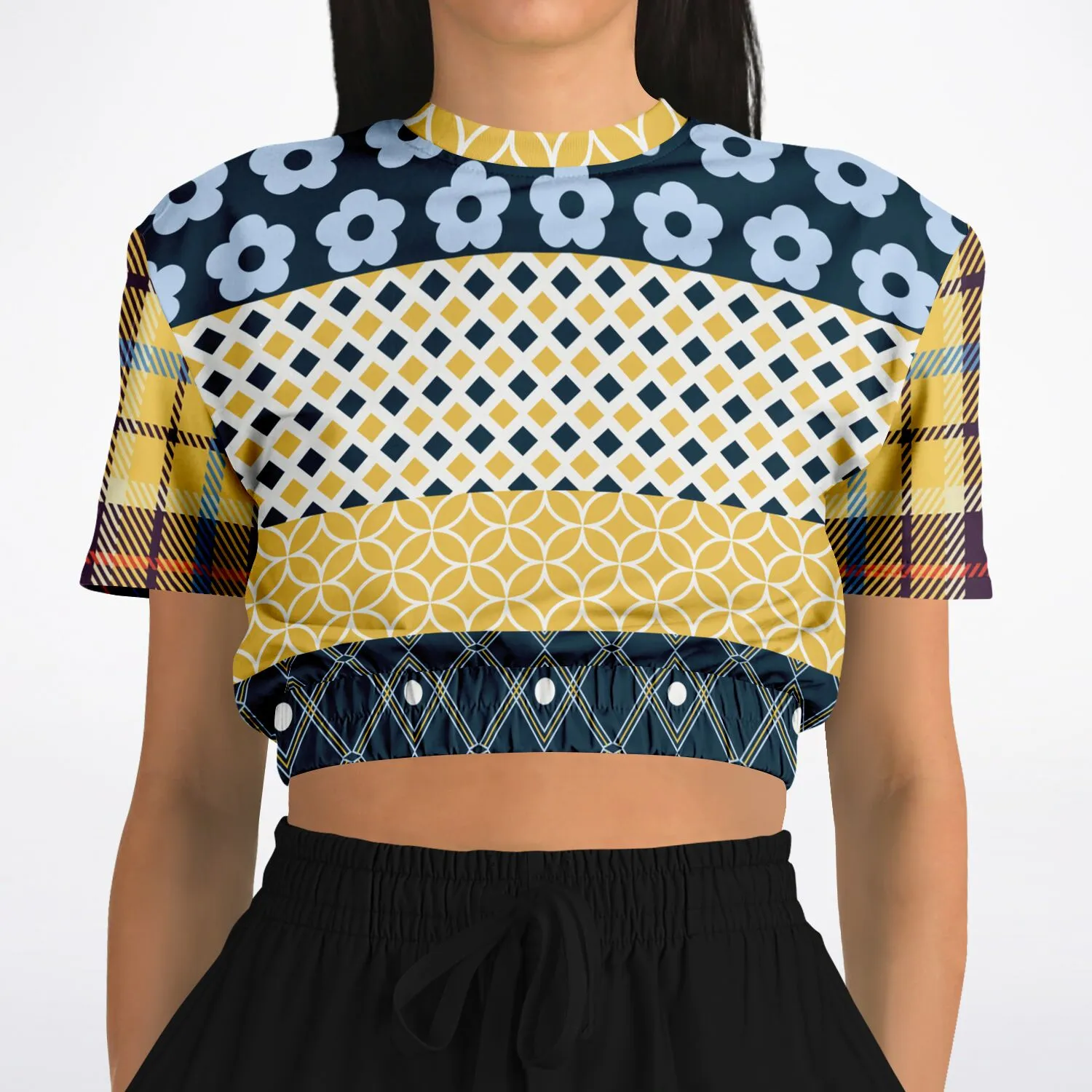 Royal Flush Blue Patchwork Short Sleeve Cropped Eco-Poly Sweater