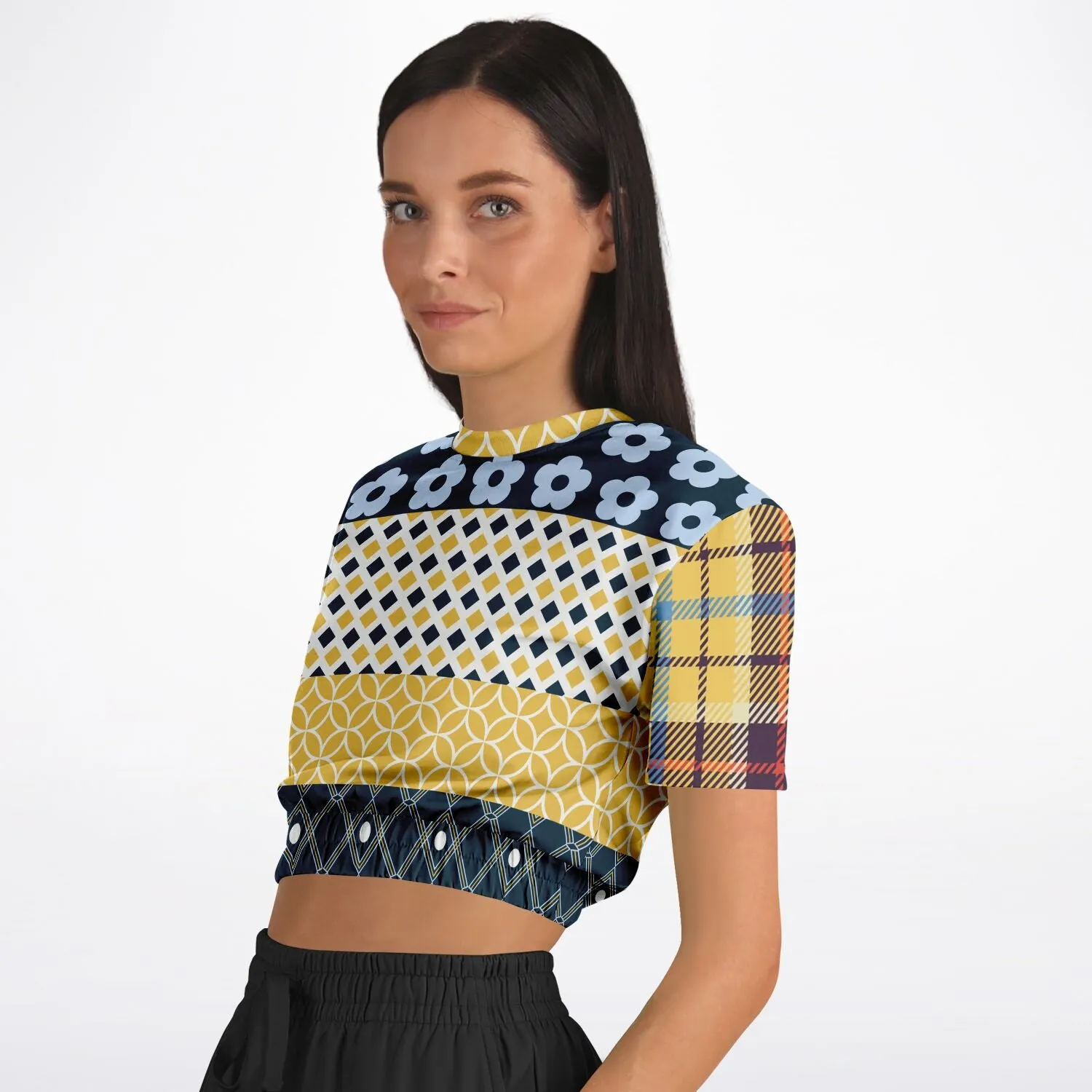 Royal Flush Blue Patchwork Short Sleeve Cropped Eco-Poly Sweater