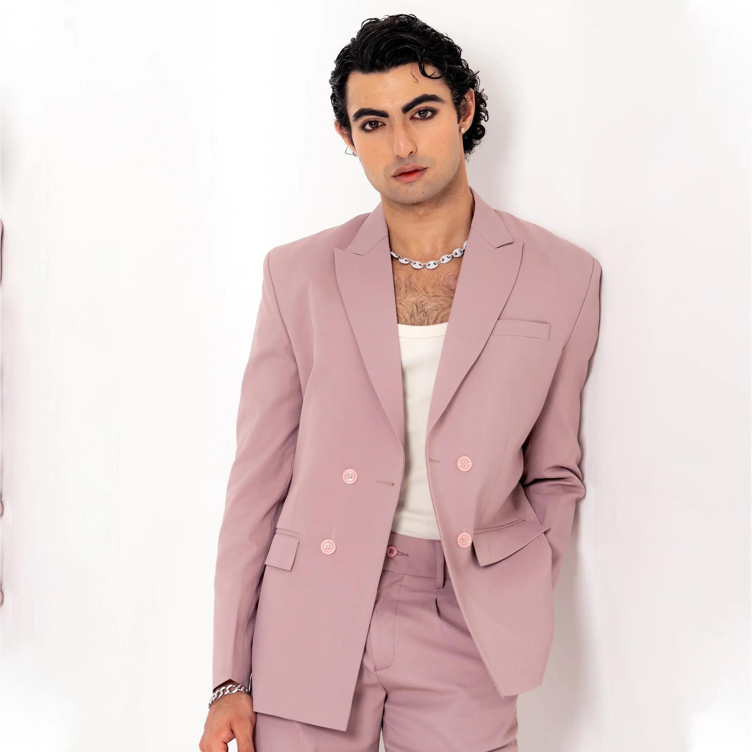 Salmon Pink Double Button Loose Fit Blazer