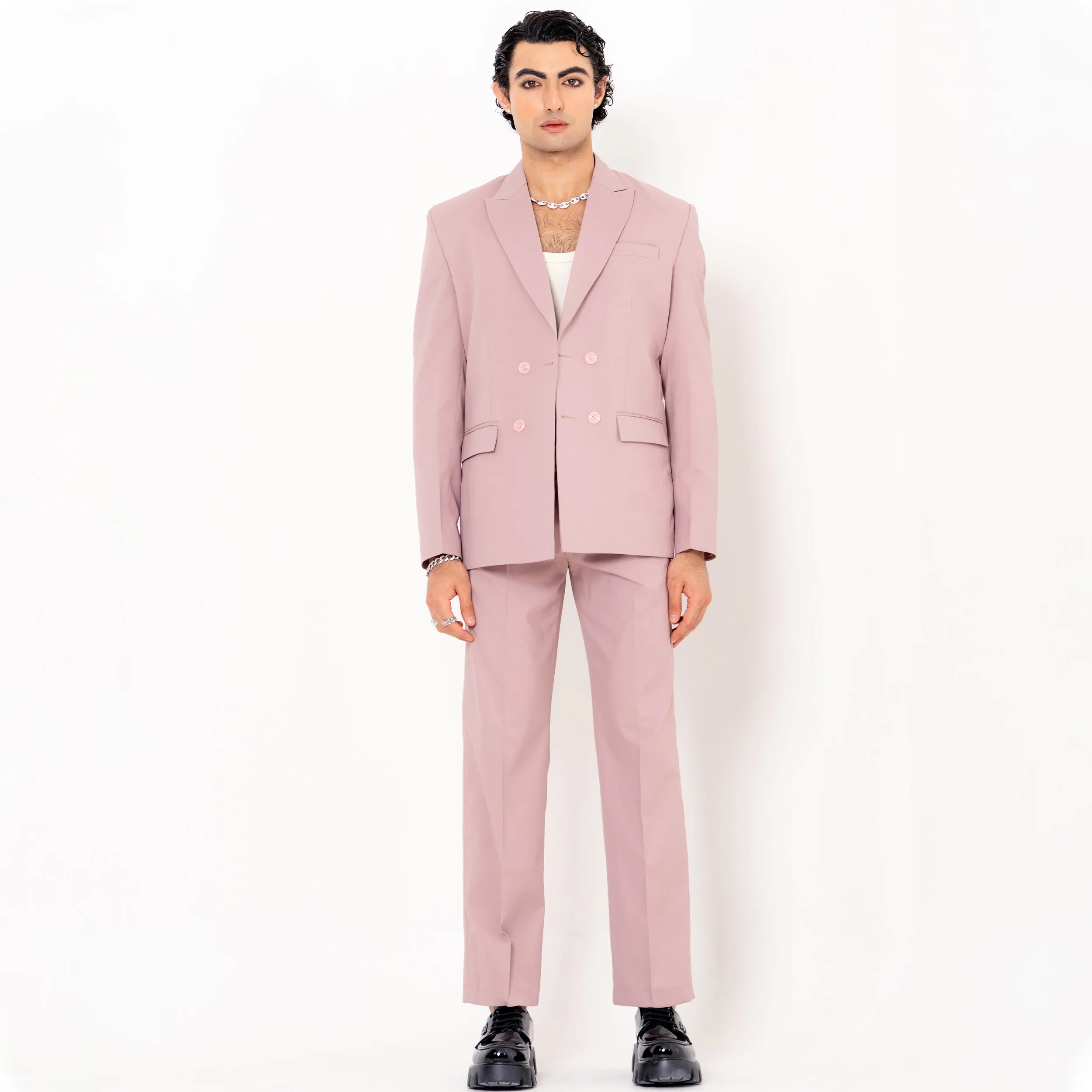 Salmon Pink Double Button Loose Fit Blazer