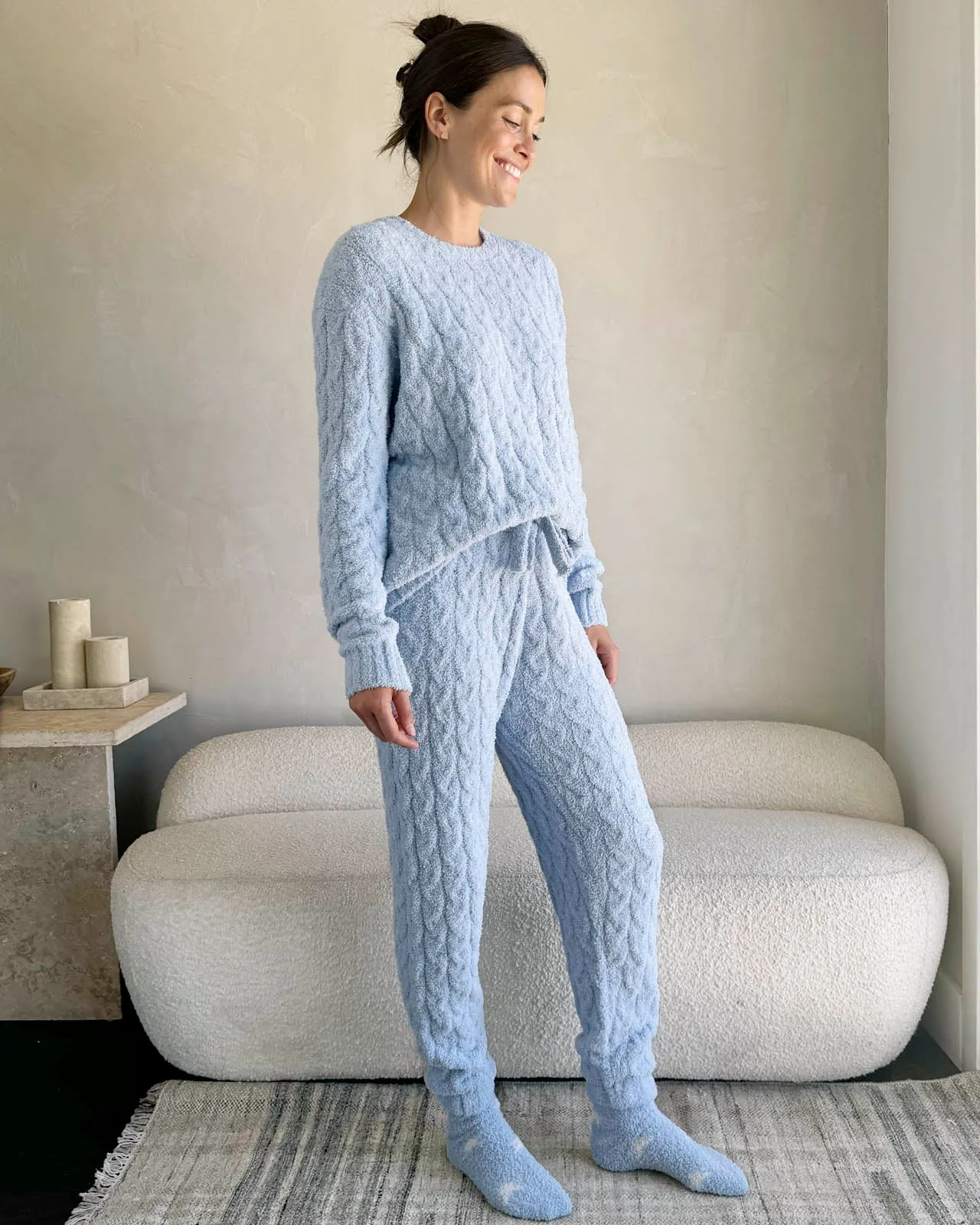 Sky Blue Fuzzy Cable Knit Sweater PJ Set