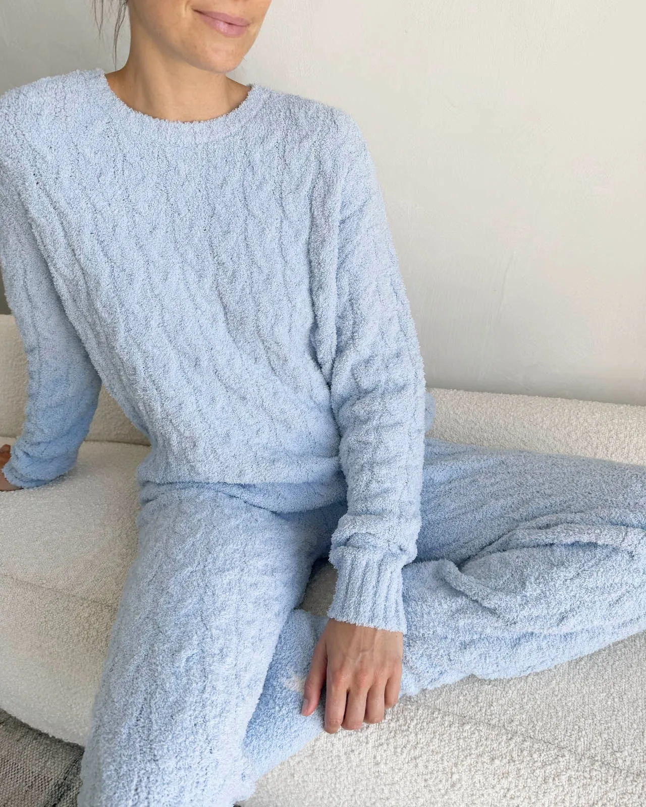 Sky Blue Fuzzy Cable Knit Sweater PJ Set